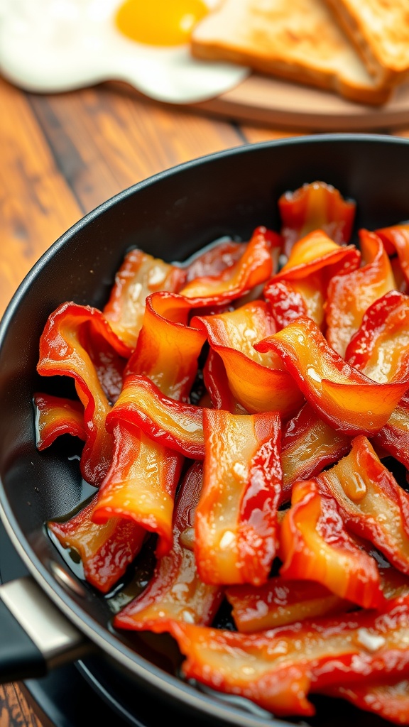 Crispy bacon strips in a skillet, served with eggs and toast on a rustic table.